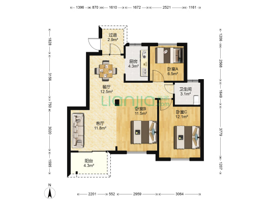 博文府邸 3室2厅1卫 89平方