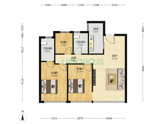 海鸿喜悦府 3室1厅2卫 115平方