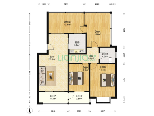 上庄新新家园 3室1厅1卫 91平方