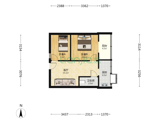 五彩社区 2室1厅1卫 49平方