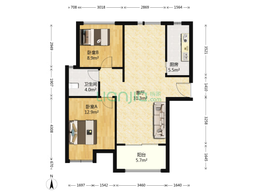 水韵花都家园二期中组团 2室1厅1卫 84平方