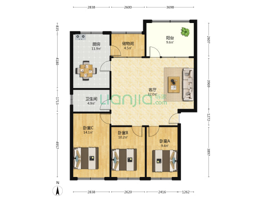 园柳小区 3室1厅1卫 117平方