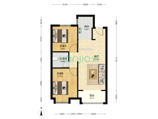 金地逸景 2室1厅1卫 88平方