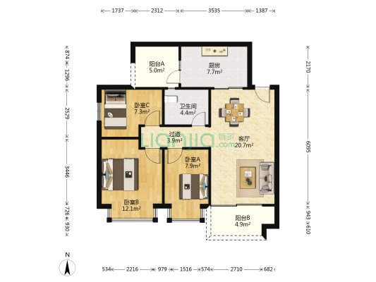 恒大绿岛新城G区 3室1厅1卫 93平方