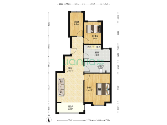 华融现代城南北通透三居室，可贷款。。。。。-户型图