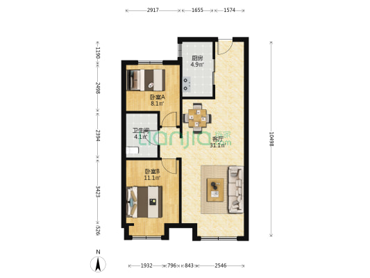 金地城E2区 2室1厅1卫 83平方