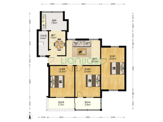 洪山侧路 3室2厅1卫 104平方