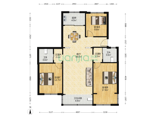 三峰公寓 3室1厅3卫 117平方