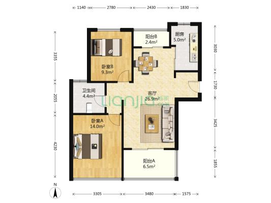 万科金域蓝湾 2室1厅1卫 88平方