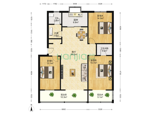 河北省军区石家庄第一干休所 3室1厅2卫 137平方