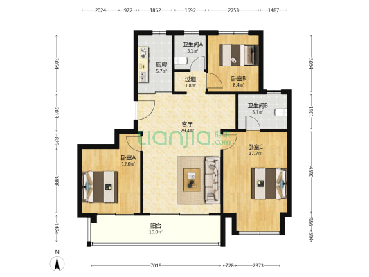 仁恒湖滨世纪 3室1厅2卫 127平方