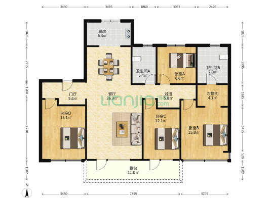 昆仑御二区 4室1厅2卫 165平方