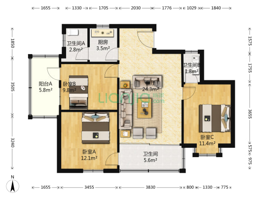金碧园 3室1厅3卫 86平方