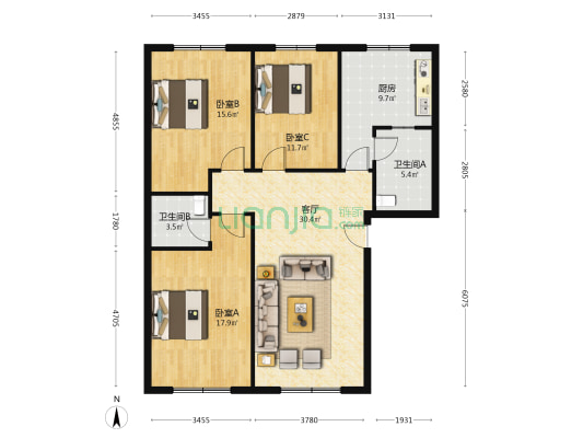 文家二巷9号 3室1厅2卫 116平方