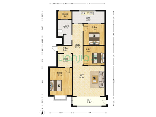 赋海仁居和谐社区 3室1厅1卫 131平方