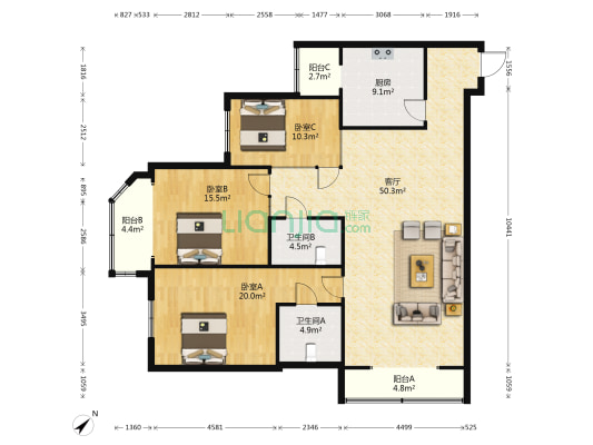 银都大厦 3室1厅2卫 178平方