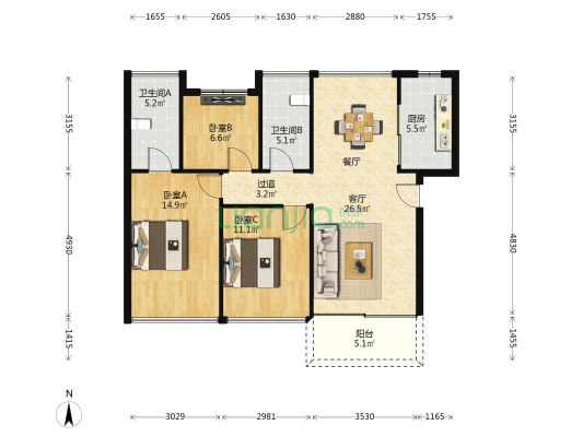 碧桂园华发海湾壹号（二期） 3室1厅2卫 96平方