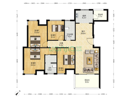 星悦礼玉金湾玉麟阁B区 4室1厅2卫 146平方
