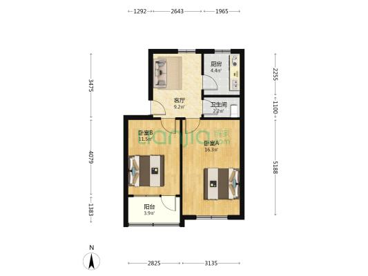洛阳路34号 2室1厅1卫 60平方