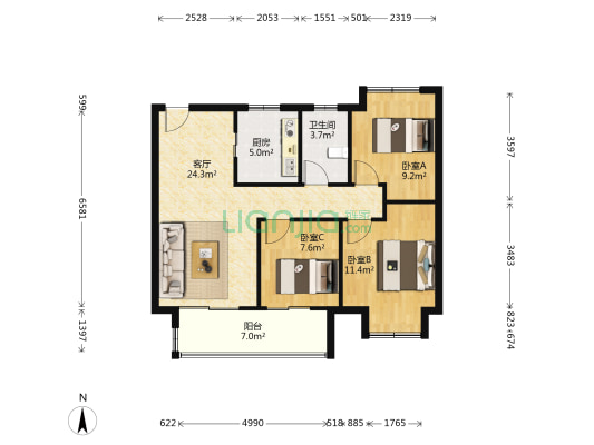 旭辉公元弘庭 3室1厅1卫 94平方