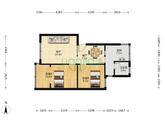 昆明牛街庄住宅小区五组团 2室2厅1卫 56平方