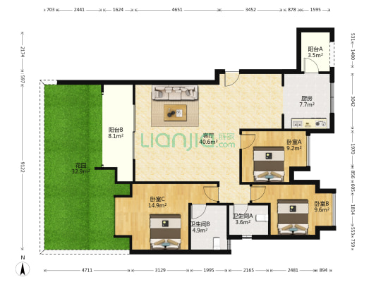 长滩原麓瑾园B区 3室1厅2卫 119平方
