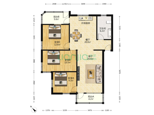 上川村六片 3室2厅1卫 110平方