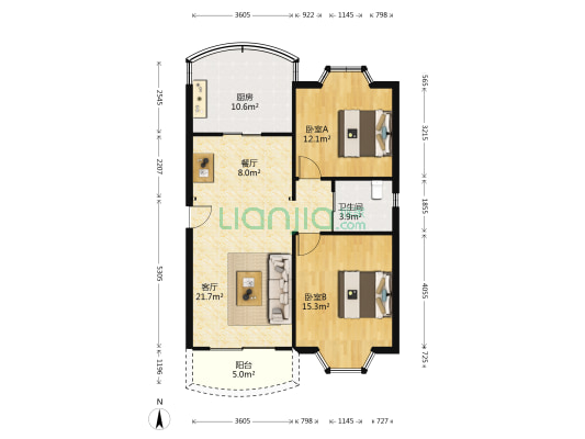 龙阳花苑 2室2厅1卫 90平方
