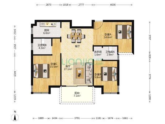 友邦壹号院 3室1厅3卫 98平方