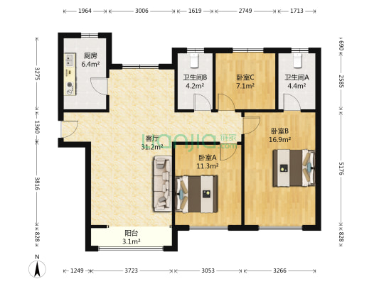 招商果岭 3室1厅2卫 118平方