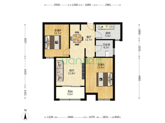 凌桥景园 2室2厅1卫 88平方