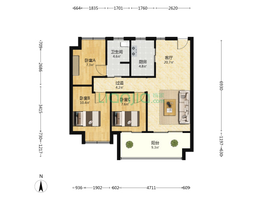 万科江右东方 3室1厅1卫 89平方