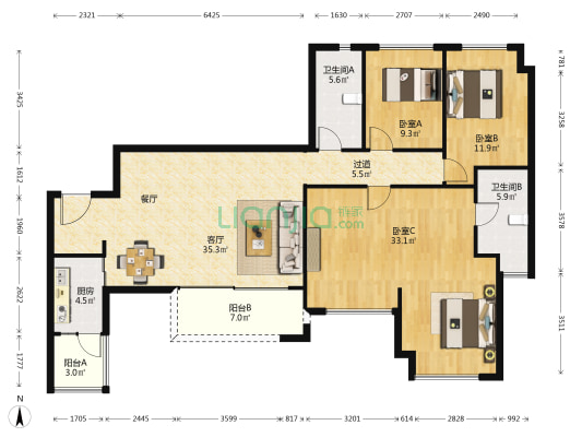 融创香璟台西苑三期 3室1厅2卫 143平方