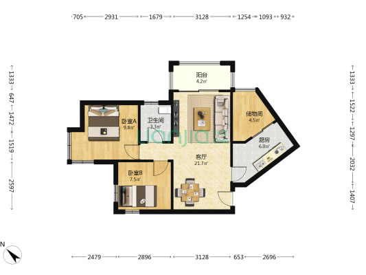 金道城 2室1厅1卫 75平方