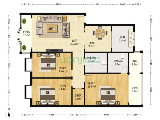 嘉豪公寓 3室2厅2卫 138平方