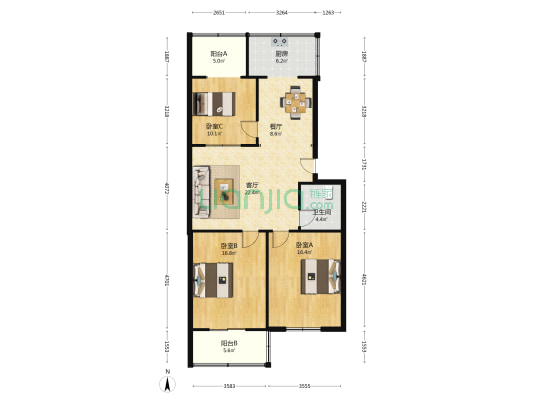 大唐太原第二热电厂宿舍 3室2厅1卫 107平方
