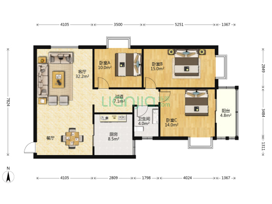 中交一公院家属院 3室1厅1卫 125平方