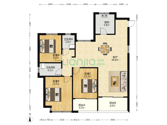 云山新语 3室1厅2卫 119平方