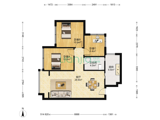 蓝光圣菲悦城二期 3室1厅1卫 79平方