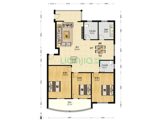航空花园 3室1厅2卫 148平方