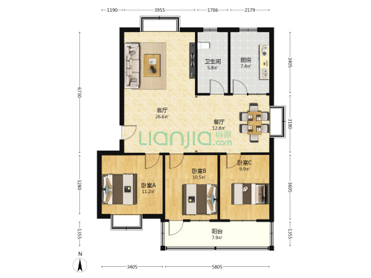 东大新村 3室2厅1卫 107平方