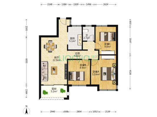 新力公园壹号 3室1厅1卫 88平方