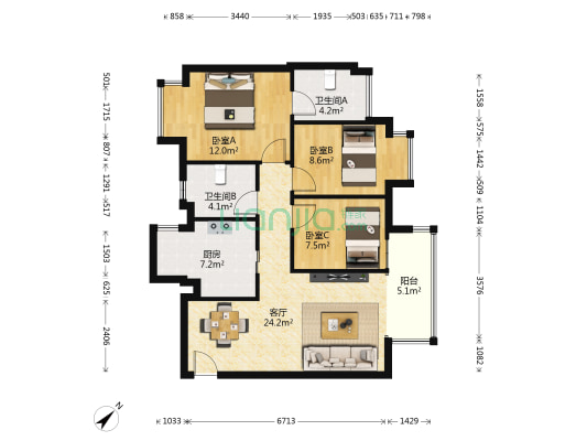 蜀都惠园 3室1厅2卫 90平方