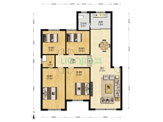 白云中路26号 4室1厅1卫 133平方