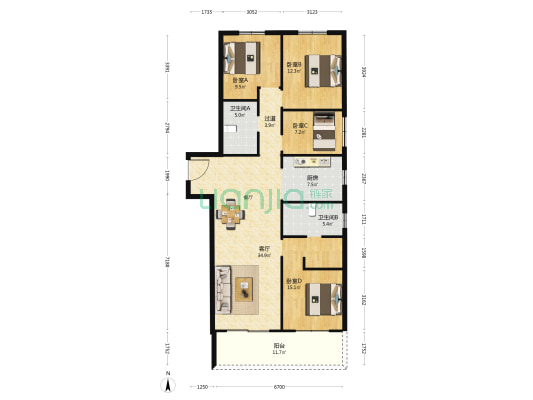 融创中原大观一期 4室1厅2卫 148平方
