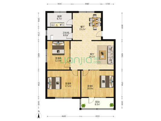 和风里 3室2厅1卫 124平方