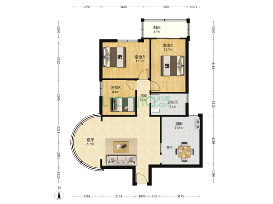 电子大厦 3室1厅1卫 86平方