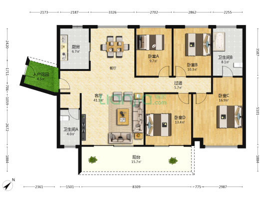亚运城天逸 4室1厅2卫 164平方