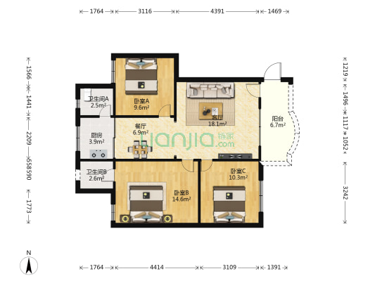 美心花园 3室2厅2卫 91平方