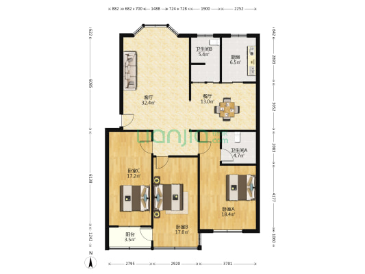 福门城市花园 3室2厅2卫 136平方